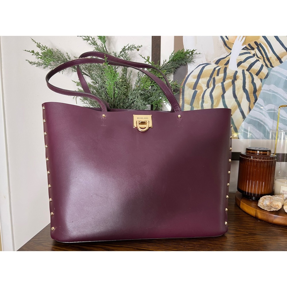 Michael Kors Astor Large Studded Plum Leather Tote Bag Gold Hardware